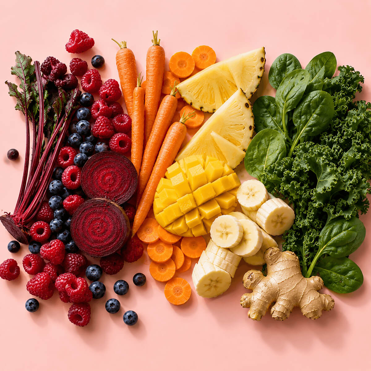 A colorful flat-lay arrangement of fresh fruits and vegetables on a solid pink background, including carrots, pineapple slices, mango, banana, spinach, kale, beets, blueberries, raspberries, and ginger.