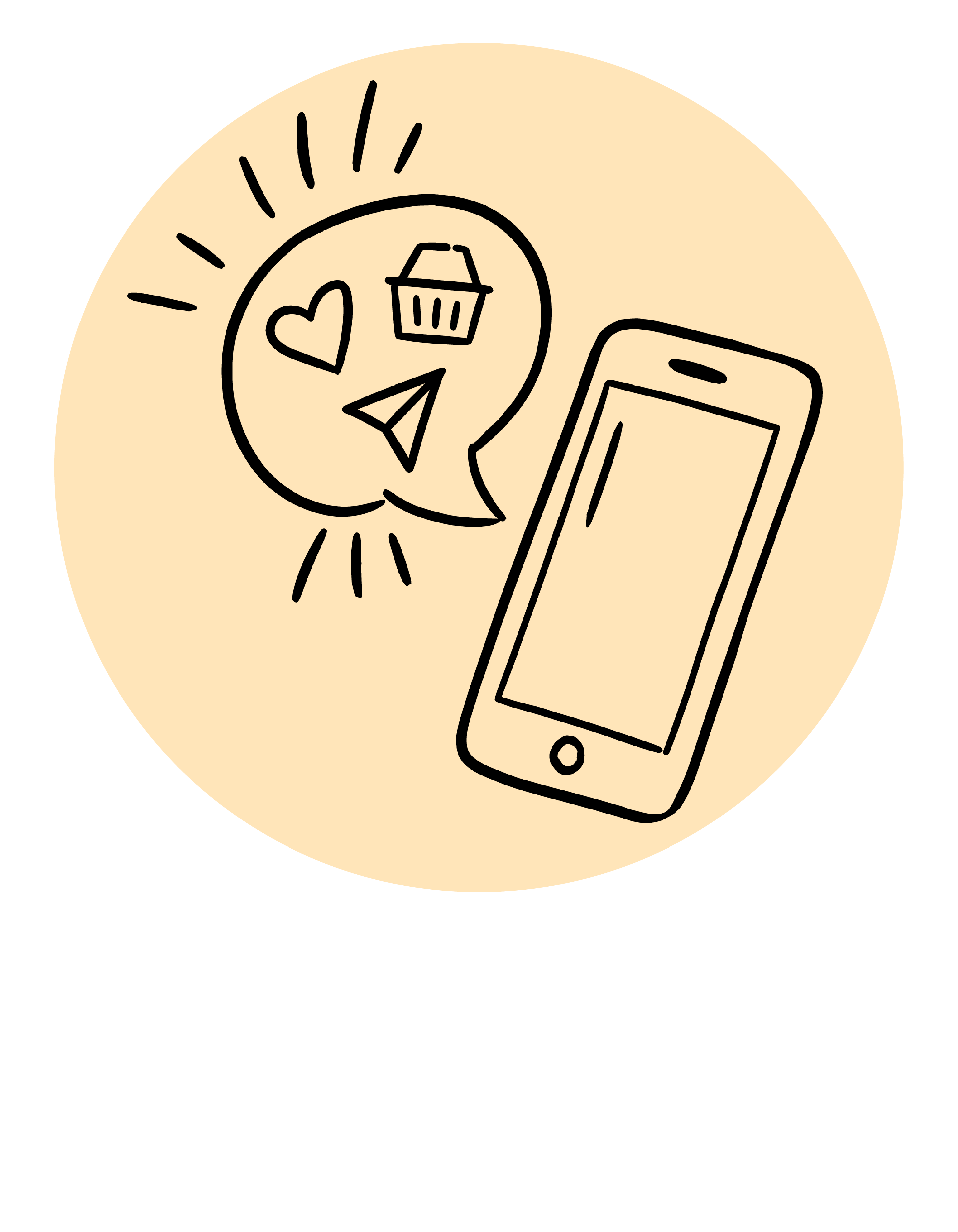 A minimalist black line art icon on a pale peach circular background, showing a smartphone next to a speech bubble with small food and heart icons.